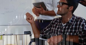 Team presenting tablet and marking whiteboard, candlestick chart highlighting finance review. Collaboration, teamwork, dataanalysis, businessstrategy, modernoffice, digitaltools, - Powered by Shutterstock - Get 15% off with code: PIKWIZARD15