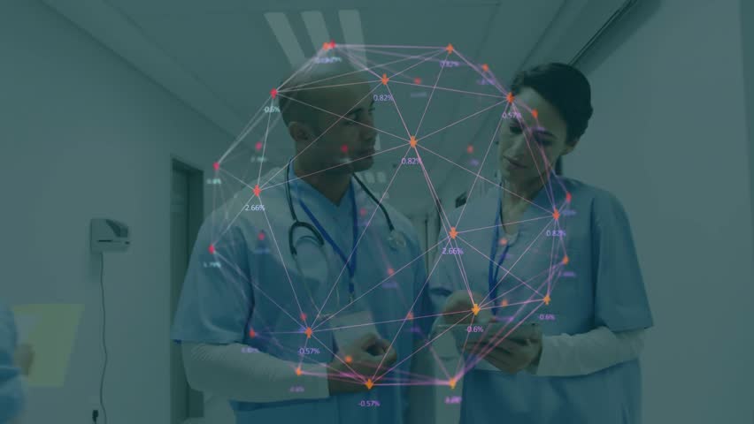Woman scrolling patient data on tablet showing holographic sphere while man pointing for diagnosis. Medical, collaboration, futuristic, innovation, technology, healthcare, professionalism - Powered by Shutterstock - Get 15% off with code: PIKWIZARD15