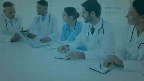 Medical team holding tablet and explaining data while pulsing icons illustrating cloud connectivity. Collaboration, healthcare, innovation, digital, professional, conference, technology - Powered by Shutterstock - Get 15% off with code: PIKWIZARD15