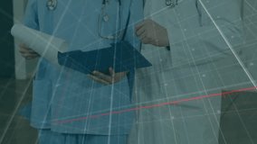 Nurse flipping pages and physician leaning as bar chart rising and arrow moving showing recovery. Medical, collaboration, data, analytics, progress, healthcare, teamwork - Powered by Shutterstock - Get 15% off with code: PIKWIZARD15