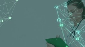 Female doctor holding green tablet tapping pen and expanding network icons visualizing patient data. Medical, technology, innovation, healthcare, digital, communication, professionalism - Powered by Shutterstock - Get 15% off with code: PIKWIZARD15