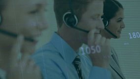 Three-person call center team adjusting headset and initiating call while overlays updating metrics. Collaboration, communication, technology, professionalism, productivity, teamwork, customer service - Powered by Shutterstock - Get 15% off with code: PIKWIZARD15