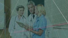 Nurse gesturing tablet screen and guiding doctors with bars and arrow showing health data trend. Medical, collaboration, visualization, analysis, healthcare, presentation, teamwork - Powered by Shutterstock - Get 15% off with code: PIKWIZARD15