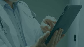 Doctor raising tablet and tapping screen generating purple medical icons, analyzing patient data. Healthcare, telemedicine, holographic, innovation, digital, analysis, professionalism - Powered by Shutterstock - Get 15% off with code: PIKWIZARD15