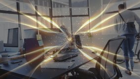 Man entering office typing collaborating while coworkers peeking and golden streaks radiating. Workspace, teamwork, innovation, productivity, modern, professional, cooperation - Powered by Shutterstock - Get 15% off with code: PIKWIZARD15