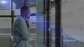 Business male bringing hand to chin starting scrolling binary code overlay analyzing data network. Corporate, technology, futuristic, analytics, innovation, urban, professional - Powered by Shutterstock - Get 15% off with code: PIKWIZARD15