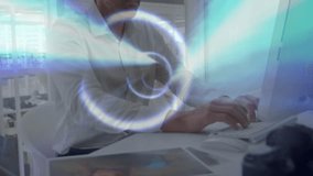 Mature man typing on computer in business office, visualizing data stream swirling around hands. Professional, workspace, technology, innovation, concentration, productivity, modern - Powered by Shutterstock - Get 15% off with code: PIKWIZARD15