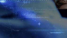 Binary code overlay scrolling and shifting revealing student typing and debugging code in tech lab. Technology, cybersecurity, programming, innovation, digital, education, focused - Powered by Shutterstock - Get 15% off with code: PIKWIZARD15