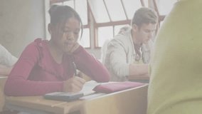 Teenage girl tapping pen on desk, activating icon network overlay showing educational connectivity. Education, collaboration, digital, learning, youth, classroom, innovation - Powered by Shutterstock - Get 15% off with code: PIKWIZARD15