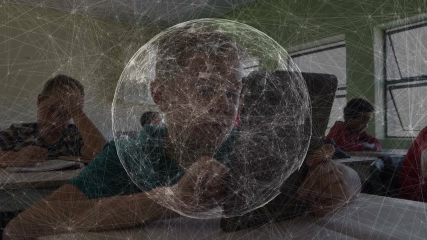 Front row boy tapping tablet launching rotating digital globe overlay enhancing classroom learning. Interactive, education, modern, technology, collaboration, youth, digital - Powered by Shutterstock - Get 15% off with code: PIKWIZARD15