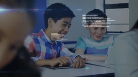 Classmates tapping tablet starting code scrolling revealing holographic network globe for edtech. Technology, education, innovation, futurism, collaboration, digital, classroom - Powered by Shutterstock - Get 15% off with code: PIKWIZARD15