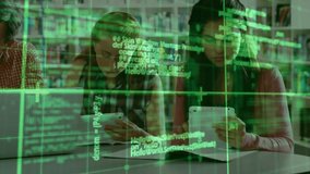 Camera panning revealing mentor guiding students in coding exercise with green code grid overlay. Education, collaboration, mentorship, technology, learning, innovation, digital - Powered by Shutterstock - Get 15% off with code: PIKWIZARD15