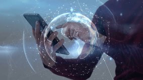 Adult male tapping smartphone and activating 3D globe with data nodes, lines for business insight. Technology, innovation, digital, network, connectivity, presentation, futuristic - Powered by Shutterstock - Get 15% off with code: PIKWIZARD15