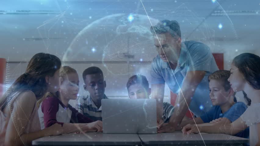 Teacher placing laptop on table calling students for data exploration activating holographic globe. Collaborative, education, technology, innovation, teamwork, digital, classroom - Powered by Shutterstock - Get 15% off with code: PIKWIZARD15