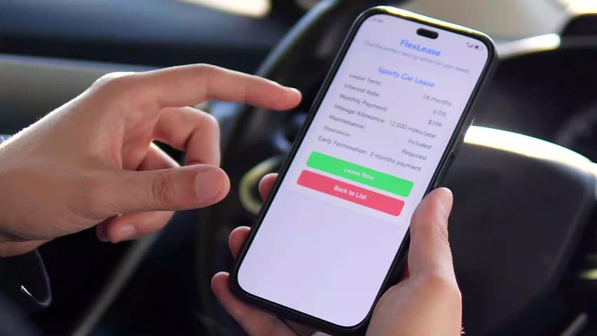 Explore the world of automotive financing with this point-of-view shot. A customer studies flexible leasing options for a sports car, symbolizing aspiration and smart financial planning. 