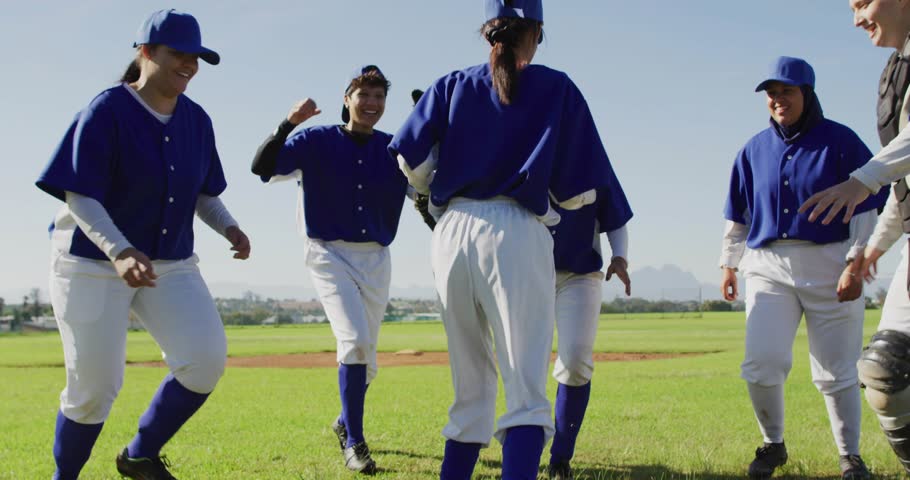 Softball teammates stepping into sports huddle after scoring on field, with animated confetti. Team, camaraderie, celebration, outdoor, dynamic, friendship, teamwork