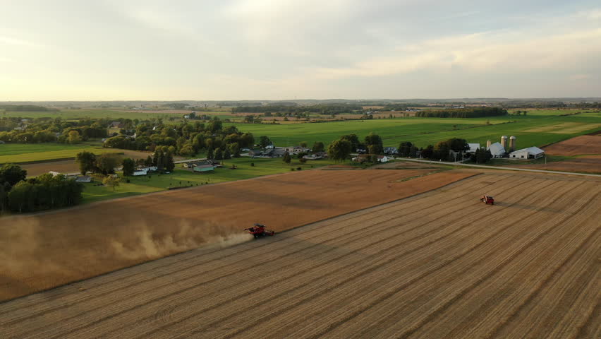 Establishing shot of Midwestern United States.  Aerial view of farmland in fall season.  Countryside, rural landscape