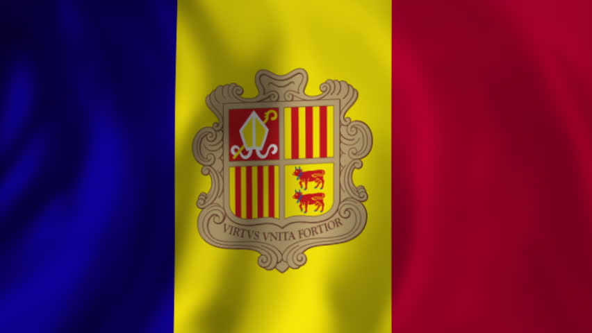 Andorran national flags boldly waving, symbolizing patriotic identity against dynamic background with vibrant blue, yellow, red colors