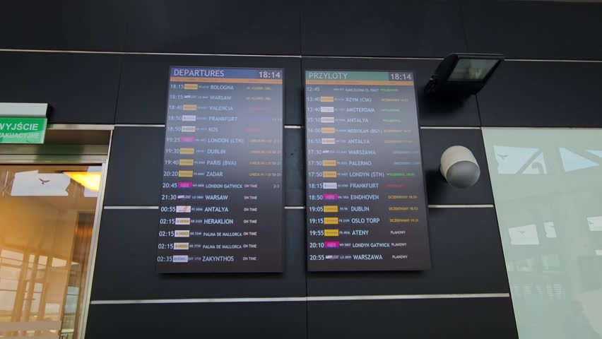 Wroclaw, Poland, July 26, 2025: Airport Arrivals and Departures Display Board Showing Worldwide Flight Information