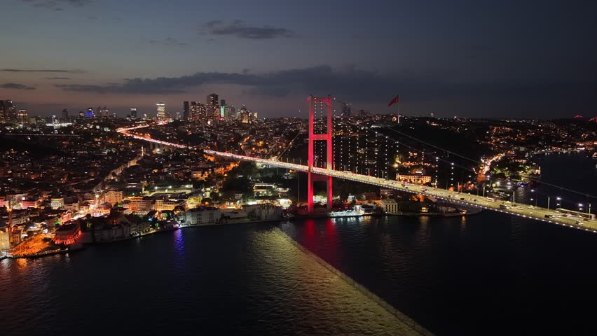 Drone captures Bosphorus Bridge over European Side: red sky, sunset, glowing city lights, ships and traffic, creating a stunning aerial panorama.