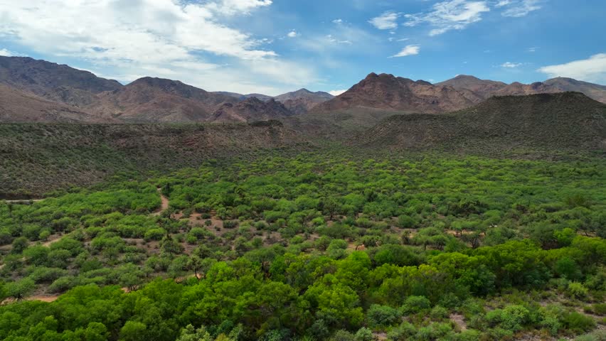 Aerial view of the sprawling green valley leading to the rugged Horseshoe Reservoir mountains under a partly cloudy sky, Horseshoe Reservoir, Arizona, United States.