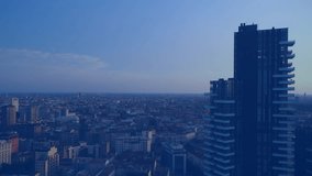 Skyscraper featuring grid fading in, red and blue graphs forming with %labels visualizing trends. Urban, skyline, data, analytics, financial, modern, technology - Powered by Shutterstock - Get 15% off with code: PIKWIZARD15