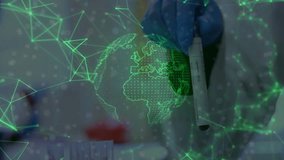 Scientist holding labeled test tube animating globe overlay rotating continents showing lab data. Research, laboratory, innovation, digital, international, science, technology - Powered by Shutterstock - Get 15% off with code: PIKWIZARD15