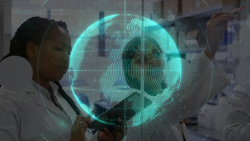 Lab scientists stylus tapping, pointing at rotating holographic globe monitoring code for analysis. Innovation, technology, collaboration, data, futuristic, science, research - Powered by Shutterstock - Get 15% off with code: PIKWIZARD15