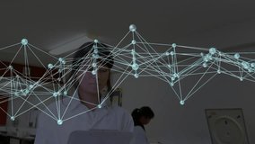 Network-graph overlay sweeping lab, technician scrolling tablet logging while peer spinning samples. Science, innovation, technology, collaboration, precision, research, data - Powered by Shutterstock - Get 15% off with code: PIKWIZARD15