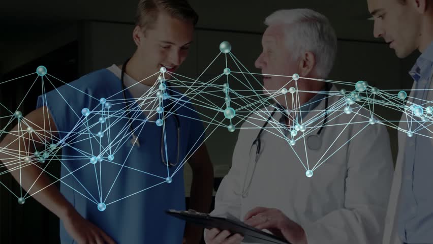 3D network receding, revealing mother and daughter as senior doctor scrolling health records. Collaboration, healthcare, digital, diagnosis, teamwork, communication, professionalism - Powered by Shutterstock - Get 15% off with code: PIKWIZARD15