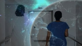 Two nurses jogging down ward hallway while hologram expanding and raising arms opening sensor door. Medical, futuristic, technology, collaboration, innovation, healthcare, alertness - Powered by Shutterstock - Get 15% off with code: PIKWIZARD15