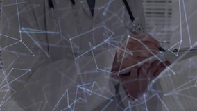 female medical doctor writing patient notes after animated network overlay shifting over blinds. Healthcare, professionalism, connectivity, clinical, data visualization, documentation, innovation - Powered by Shutterstock - Get 15% off with code: PIKWIZARD15