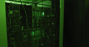 On powering server rack binary rain cascading among green LEDs for visualizing data flow. Technology, data, digital, cybersecurity, innovation, network, code - Powered by Shutterstock - Get 15% off with code: PIKWIZARD15