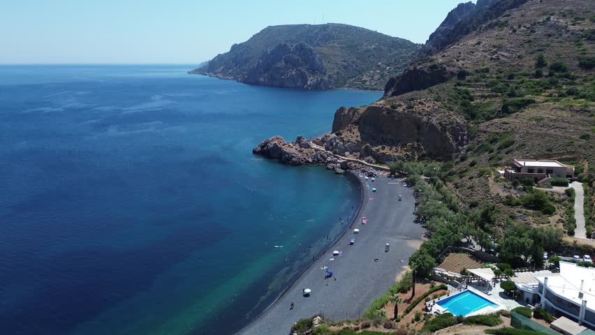 Emporeios, Chios island, Greece - July 20th, 2025 - footage of the village, volcanic beaches, Aegean sea, mountains around, traditional houses and mastic region landscapes