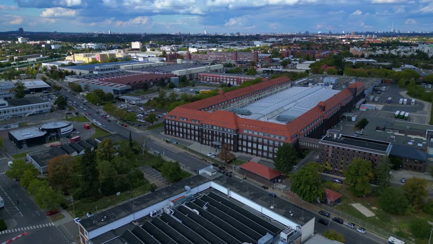 Mercedes Benz Digital Factory Campus. Majestic aerial view flight drone