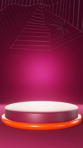 Vertical 3D Halloween minimalistic podium sale mockup advertisement poster backgrounds glowing sparse bubbles sphere spooky spider web loop animation banner flags party festival cartoon nightmare