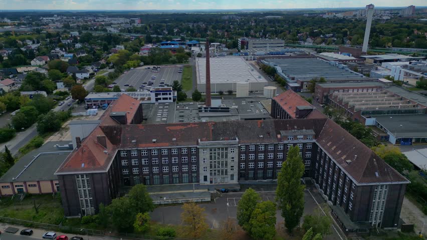 Berlin Mercedes-Benz oldest production plant. Lovely aerial view flight drone