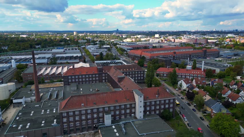 Berlin Mercedes-Benz oldest production plant. Best aerial view flight drone
