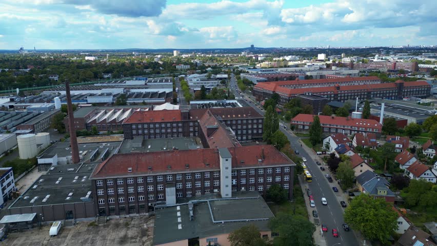 Berlin Mercedes-Benz oldest production plant. Nice aerial view flight drone