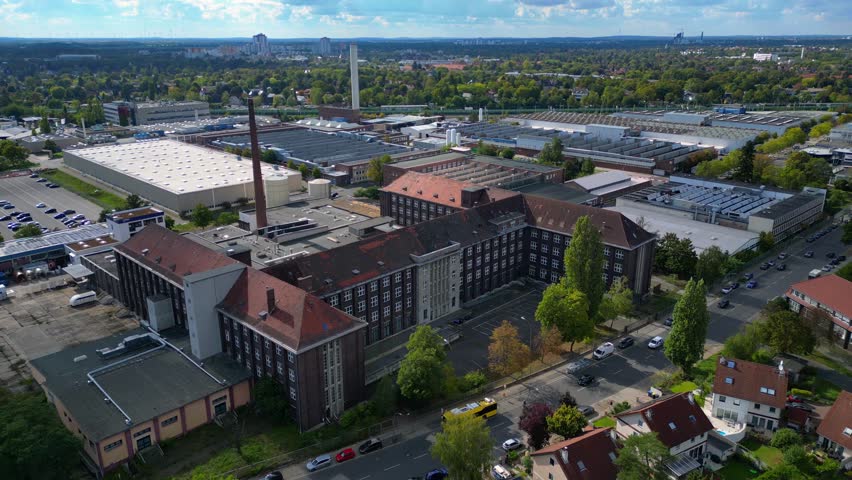 Berlin Mercedes-Benz oldest production plant. Amazing aerial view flight drone