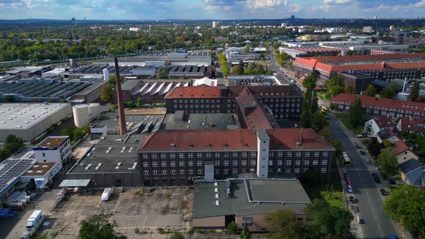 Berlin Mercedes-Benz oldest production plant. Dramatic aerial view flight drone