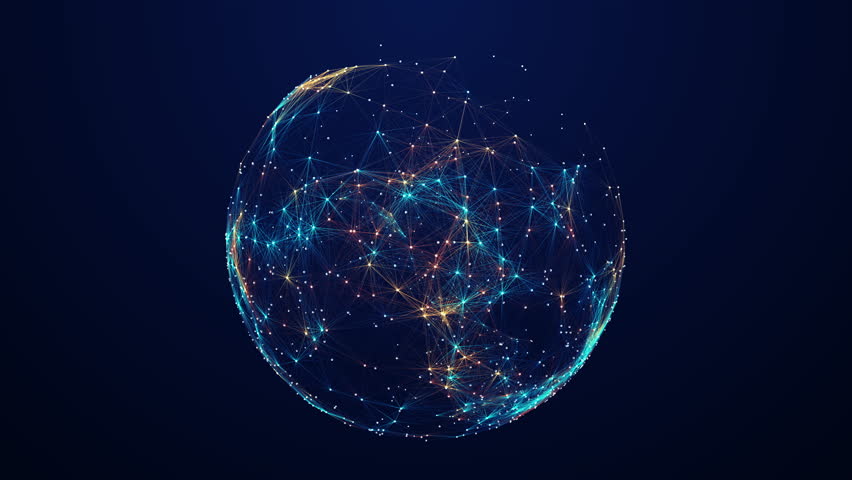 Futuristic digital sphere with glowing network connections, AI, big data, and cybersecurity concept.