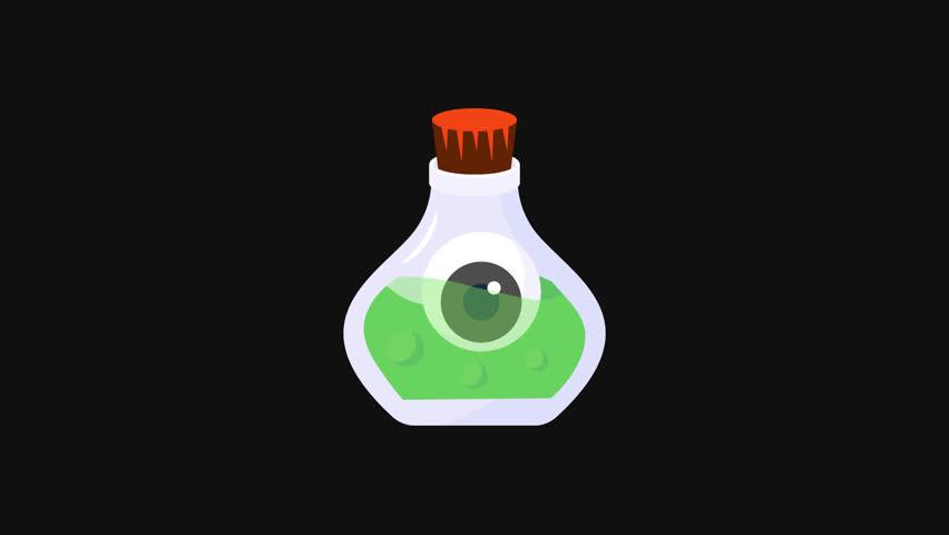 Potion bottle with green liquid and eye. Animation Halloween 