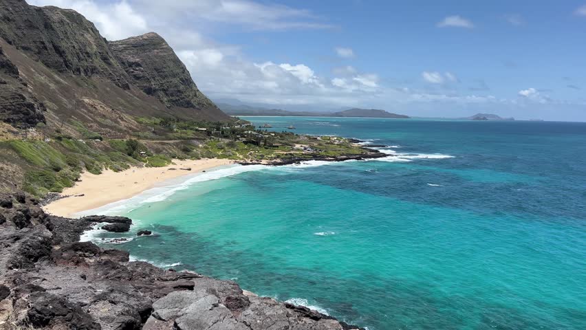 Aerial view of Makapuu Beach Park in Oahu, Hawaii, on a sunny day
