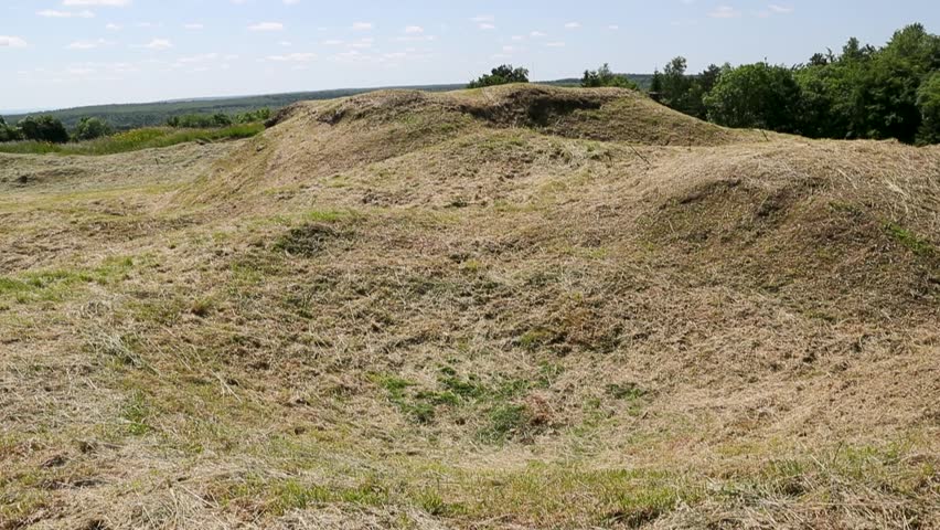Fort Douaumont, Verdun, France, entrance to the building, ruins, and surrounding landscape.