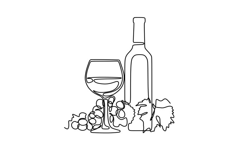 Animated self drawing of continuous line draw bottle of wine with wineglass and grape bunch . Full length one line animation. 4K
