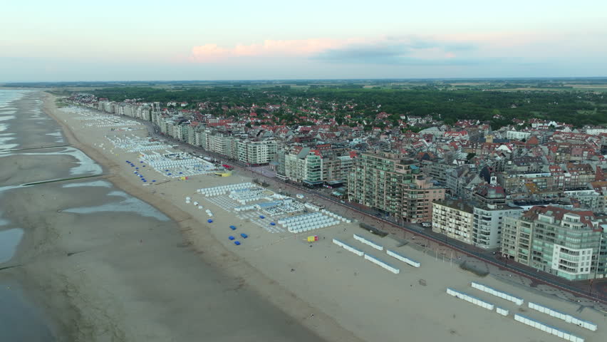 Wide Angle Aerial View Knokke City and Beach at North Sea - Belgium