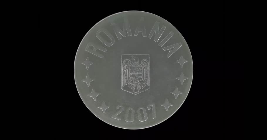 Obverse of Romania coin 10 bani 2007,, isolated in black background. Loopable animation in 4k resolution video