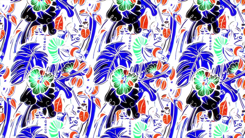 Seamless bold tropical art with Art Deco-inspired elements. High-contrast floral design white background, positioned lower section, creates vintage aesthetic.