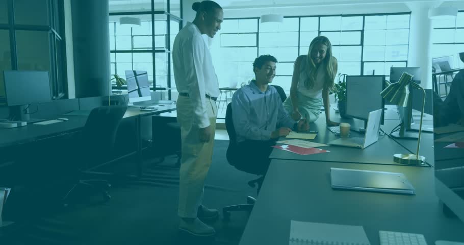 Man clicking laptop and team cheering as five-day forecast widgets animating for business planning. Collaboration, teamwork, innovation, modernoffice, digitaltools, professional, productivity